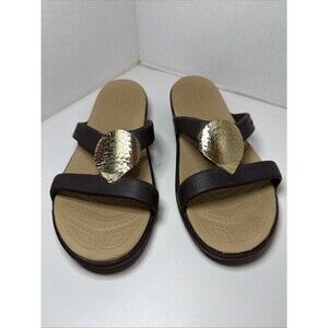 Crocs Sanrah Hammered Circle Wedge Sandal Dual Comfort Brown Gold Size 7 Worn x1